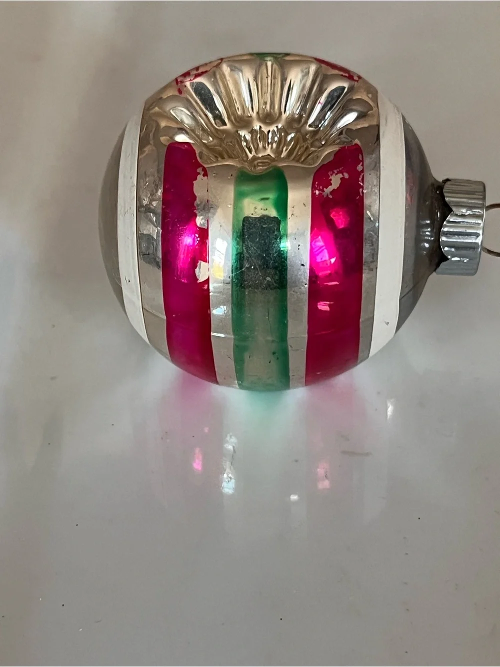 Vintage-Inspired Silver Holiday Ornament with Pink & Green Accents